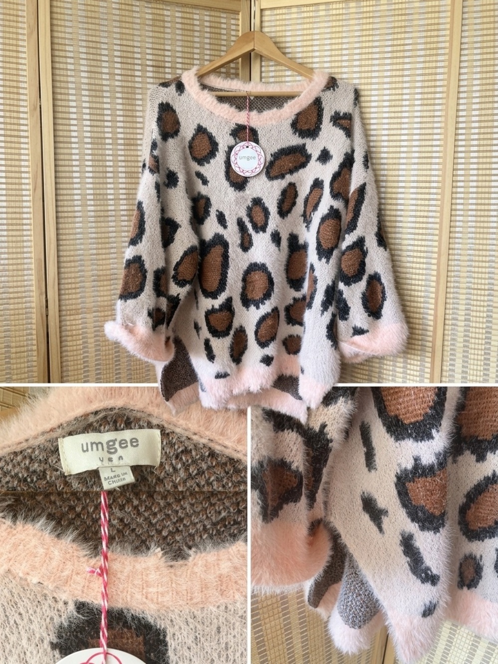 Umgee Blush Pink Leopard Print Fuzzy Sweater